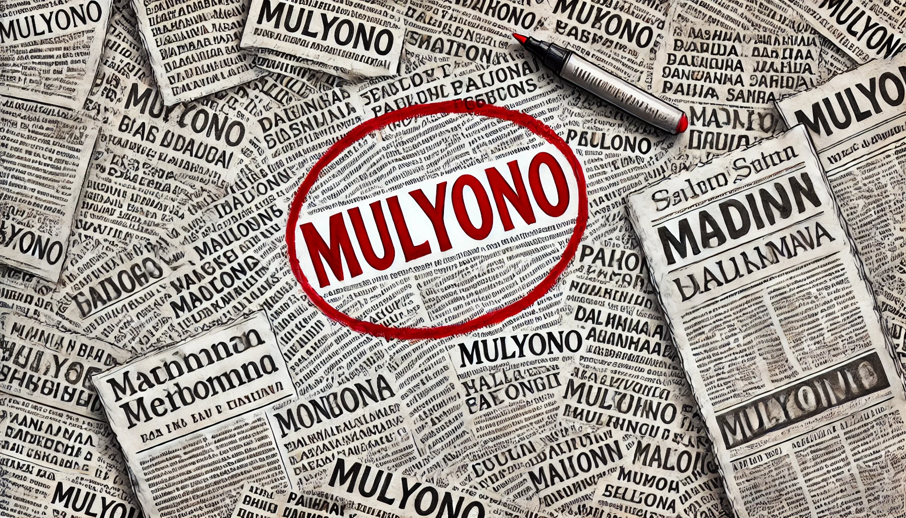 DALL·E A Newspaper With Many Articles Filled With Text In A Realistic Style In The Center Of The Composition, The Word 'MULYONO' Stands Out Among The Other